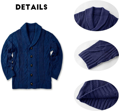 Dunkelblauer Strick-Cardigan mit Schalkragen, Knöpfen, Zopfmuster, Herrenmode, warm, elegant.