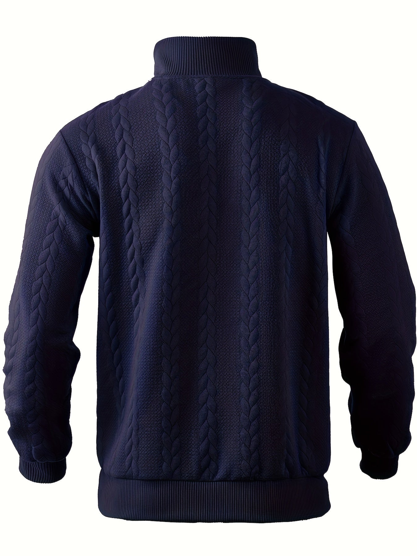 Dunkelblauer Strickpullover Herren, Zopfmuster, Stehkragen, Wintermode, warm, elegant.