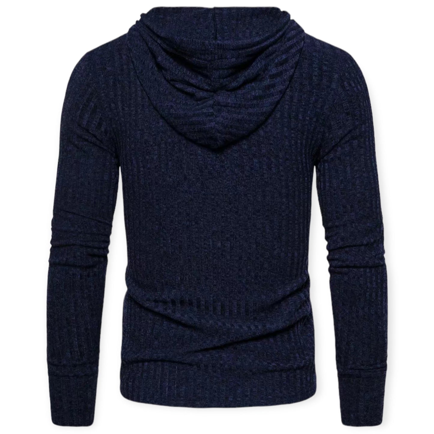 Dunkelblauer Herrenpullover mit Kapuze, Strickmuster, langärmelig, modisch, bequem.