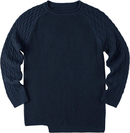 Dunkelblauer Strickpullover aus Baumwolle, Zopfmuster, langärmelig, Herrenmode, Winterkleidung.