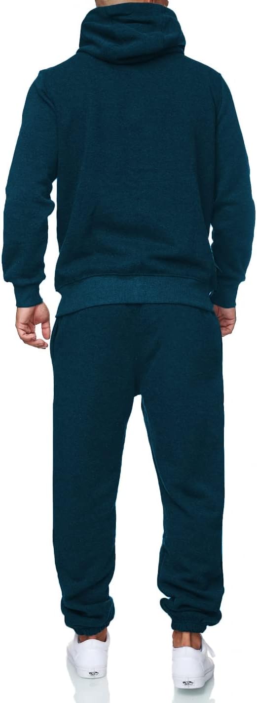 Dunkelblauer Herren-Trainingsanzug, Kapuzenpullover und Jogginghose, sportlich, bequem.