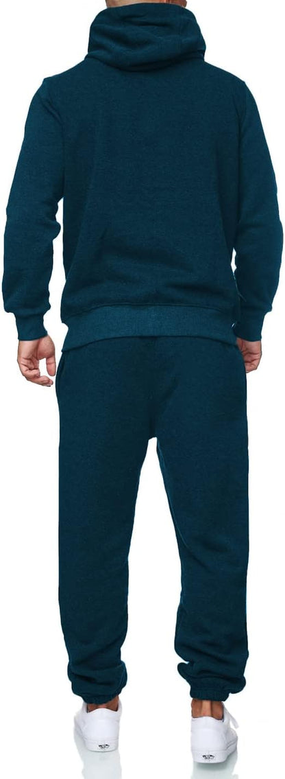 Dunkelblauer Herren-Trainingsanzug, Kapuzenpullover und Jogginghose, sportlich, bequem.