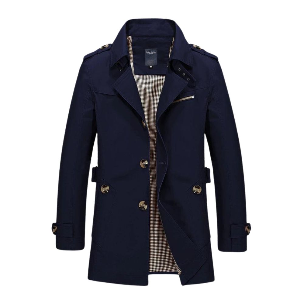 Dunkelblauer Herren-Trenchcoat, zweireihig, Baumwolle, klassischer Stil, Herbstmode.