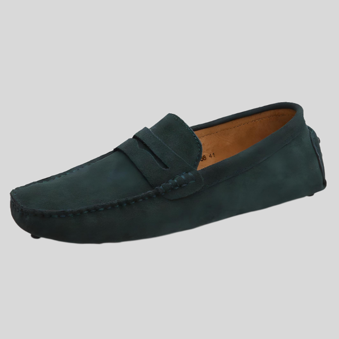 Dunkelblauer Wildleder-Mokassin für Herren, eleganter Freizeitschuh, rutschfeste Sohle.