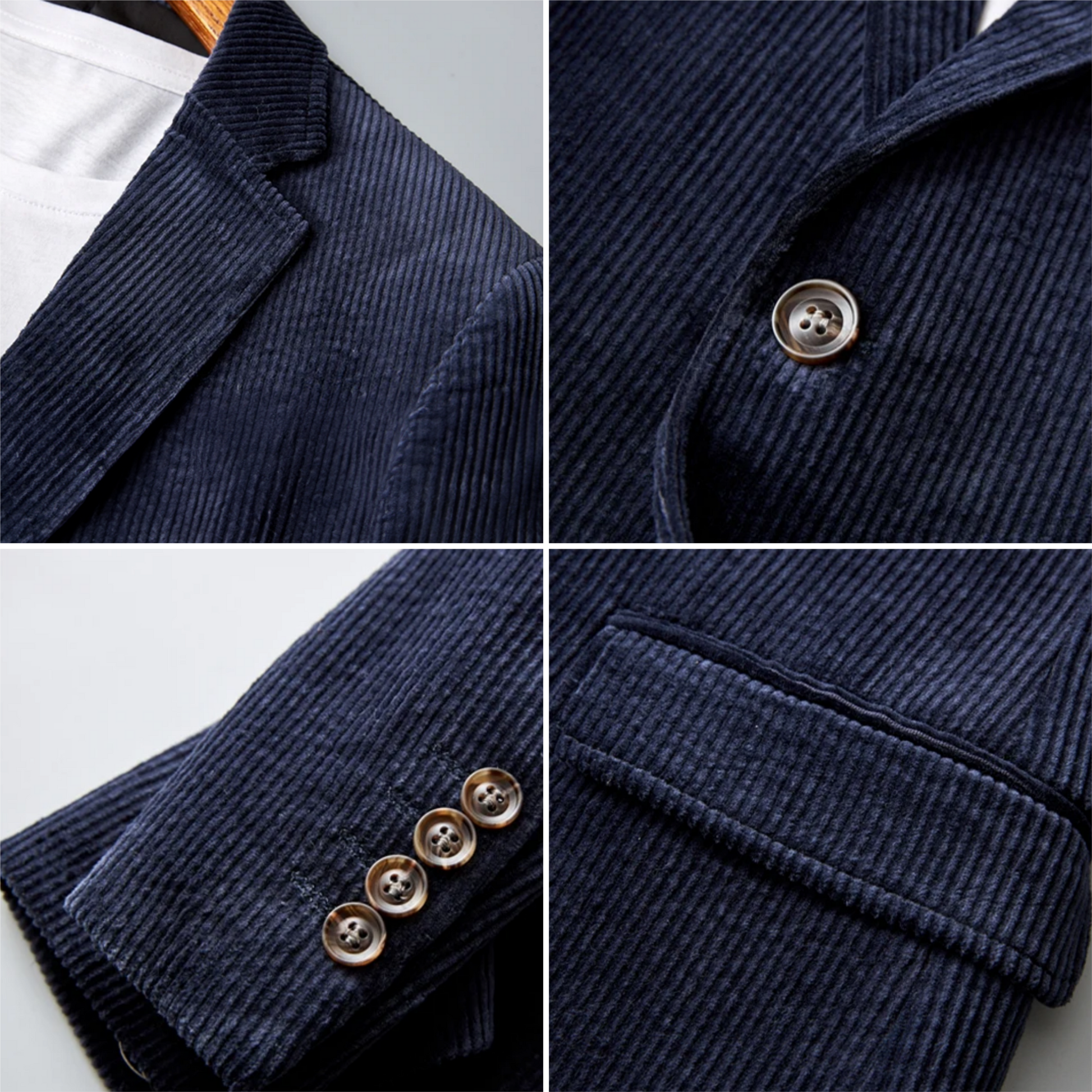 Dunkelblaues Cord-Sakko, Herrenmode, Detailansicht, Knöpfe, Textur, eleganter Stil.