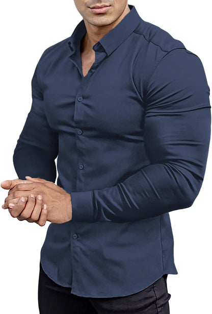 Dunkelblaues Herrenhemd, langärmelig, Slim Fit, Baumwolle, elegant, Freizeitmode.