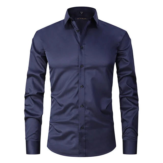 Dunkelblaues Herrenhemd, knitterfrei, elastisch, komfortabel, langärmelig, Business-Stil.