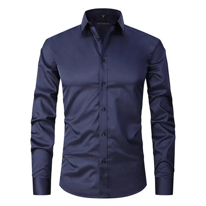 Dunkelblaues Herrenhemd, knitterfrei, elastisch, komfortabel, langärmelig, Business-Stil.