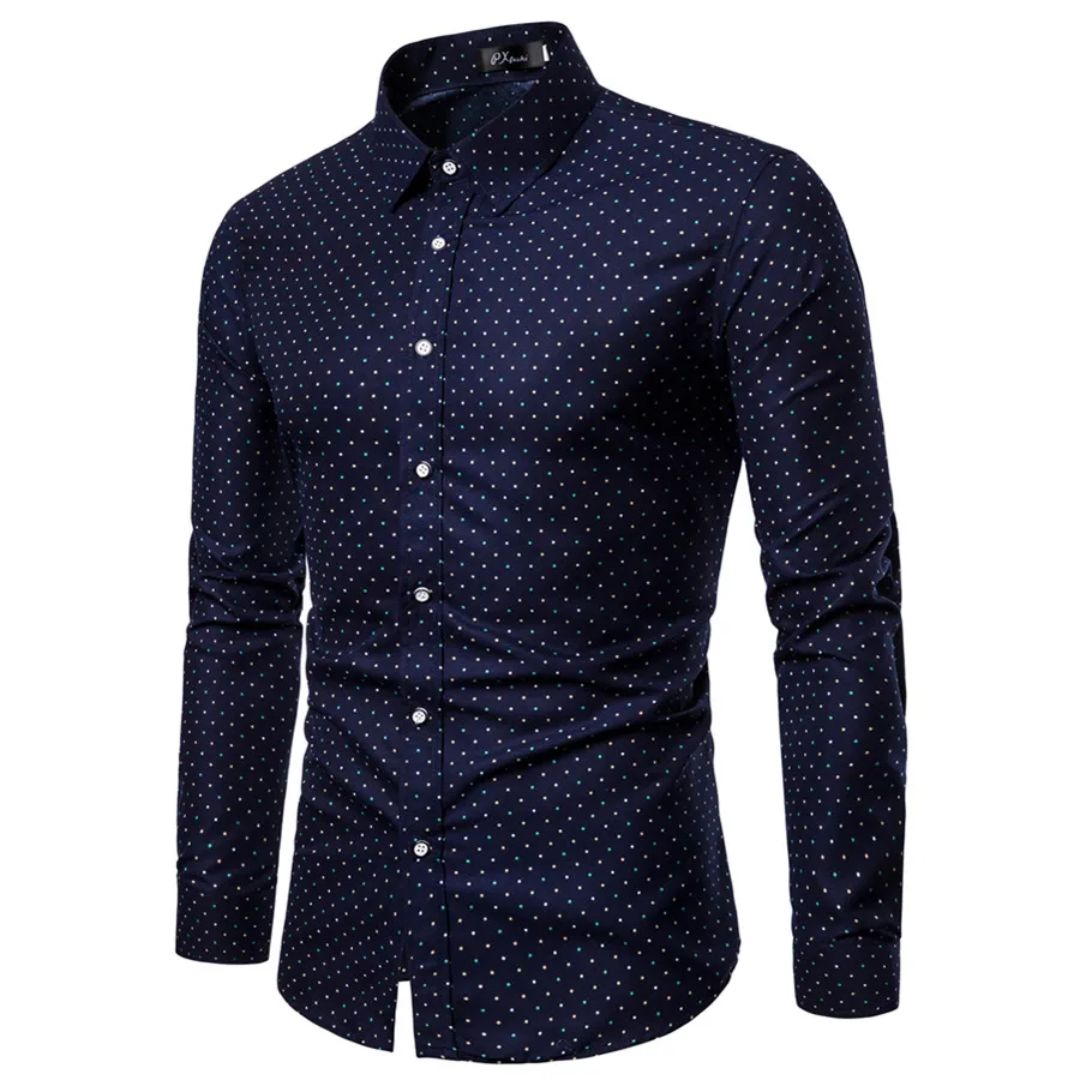 Dunkelblaues Herrenhemd mit weißen Punkten, langärmelig, elegantes Design, Baumwolle.