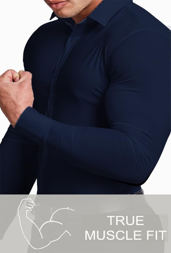 Dunkelblaues Muskelshirt für Herren, enganliegend, Langarm, True Muscle Fit Design.