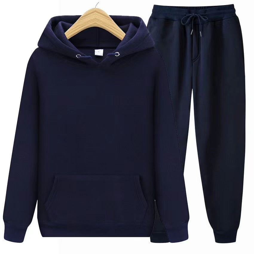 Dunkelblauer Kapuzenpullover und Jogginghose Set, Unisex, Baumwolle, bequem, Freizeitkleidung.