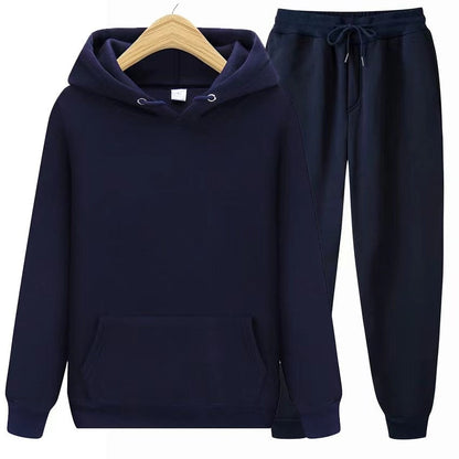Dunkelblauer Kapuzenpullover und Jogginghose Set, Unisex, Baumwolle, bequem, Freizeitkleidung.