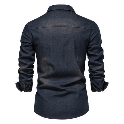 Dunkelblaues Jeanshemd für Herren, langärmelig, Rückansicht, modisch, Freizeitkleidung.