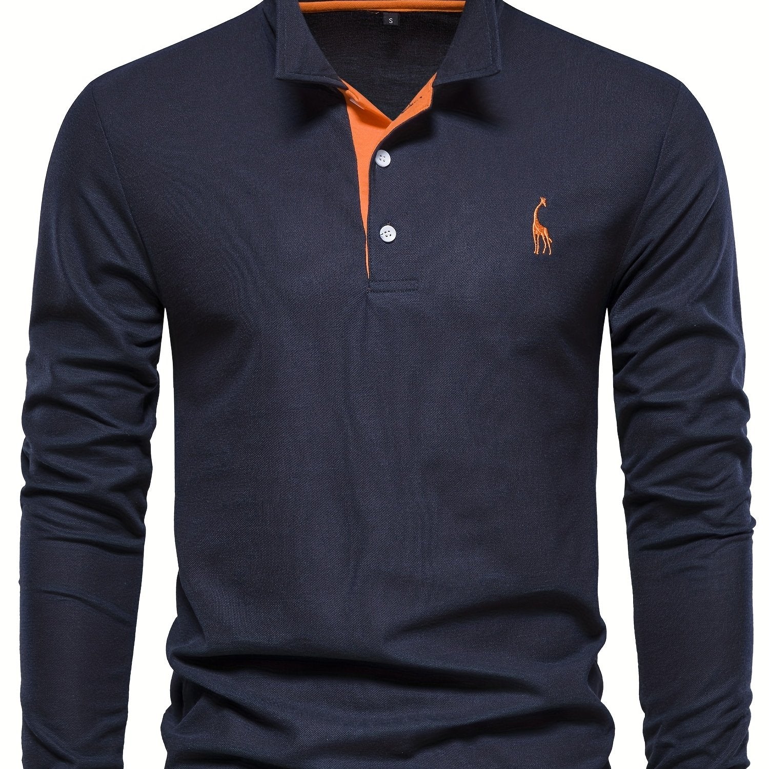 Dunkelblaues Herren-Poloshirt, langarm, mit orangefarbenem Kragen und Stickerei, Baumwolle.