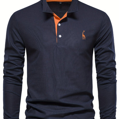 Dunkelblaues Herren-Poloshirt, langarm, mit orangefarbenem Kragen und Stickerei, Baumwolle.
