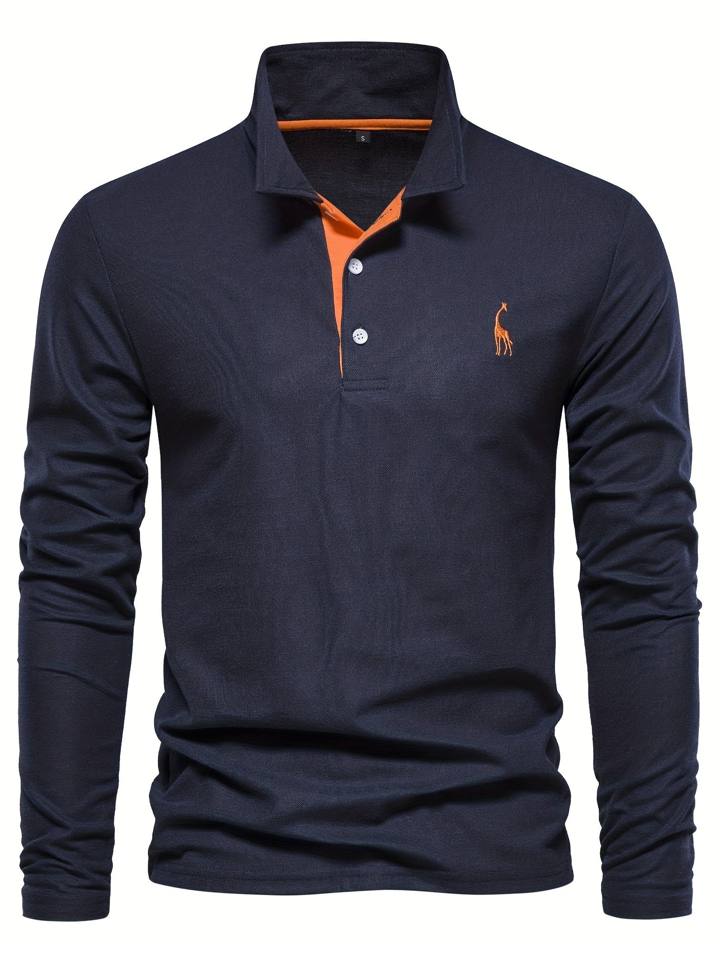 Dunkelblaues Herren-Poloshirt, langärmelig, mit orangefarbenem Kragen und Knopfleiste.