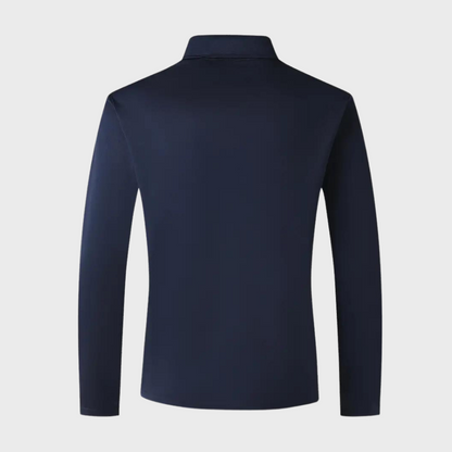 Dunkelblaues Langarm-Poloshirt aus Baumwolle, Rückansicht, klassischer Kragen, Herrenmode.