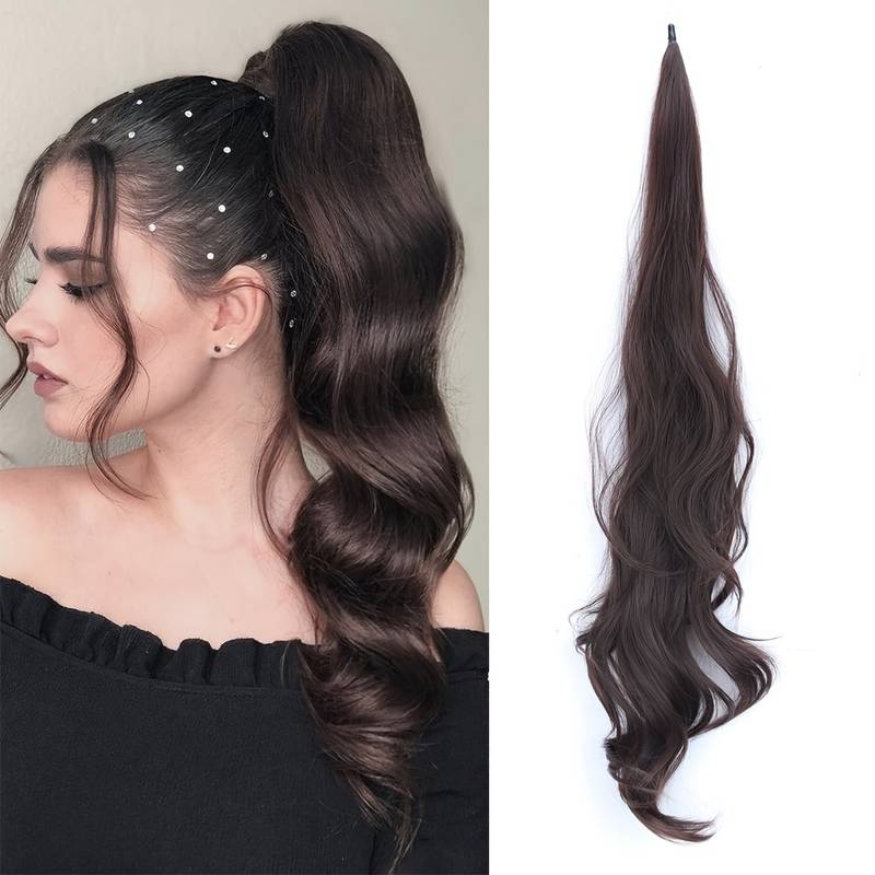 Dunkelbraune, gewellte Haarverlängerung, Clip-in, synthetisch, für Pferdeschwanz-Styling.