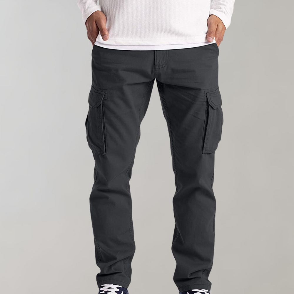 Dunkelgraue Cargohose für Herren, Baumwolle, seitliche Taschen, lässiger Stil.