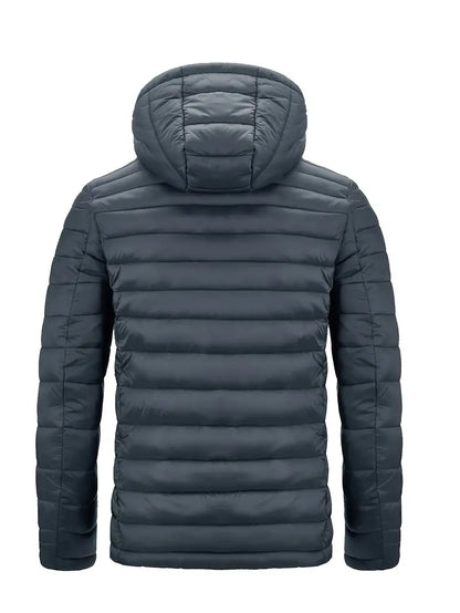 Dunkelgraue Daunenjacke mit Kapuze, gesteppt, warm, Wintermode, Herrenbekleidung.