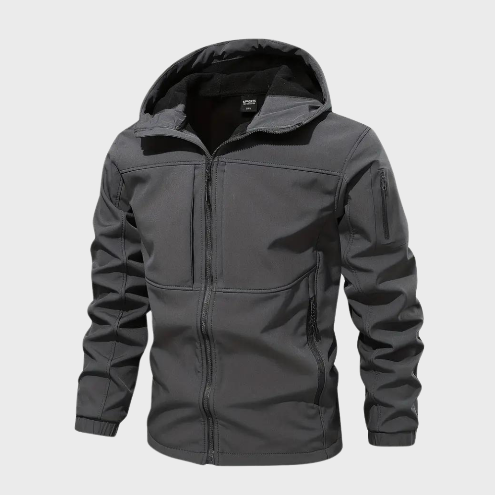 Dunkelgraue Herren-Kapuzenjacke, wasserabweisend, atmungsaktiv, Outdoor-Bekleidung.