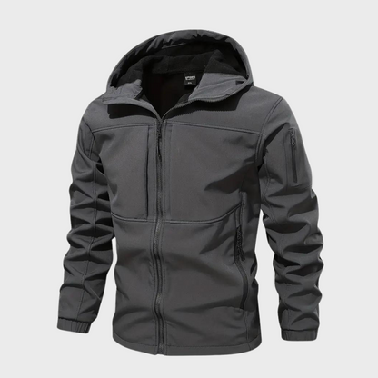 Dunkelgraue Herren-Kapuzenjacke, winddicht, Reißverschluss, Outdoor-Bekleidung.