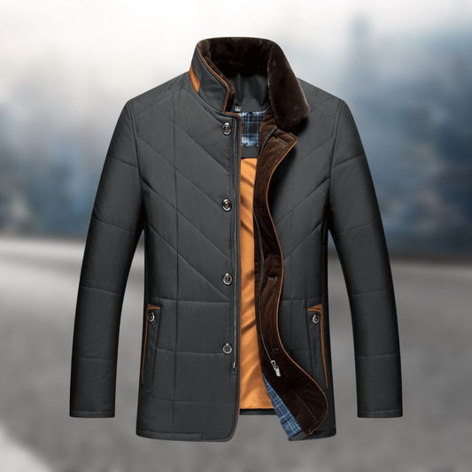 Dunkelgraue Herrenjacke, Steppdesign, Stehkragen, Wintermode, warm gefüttert, elegant.