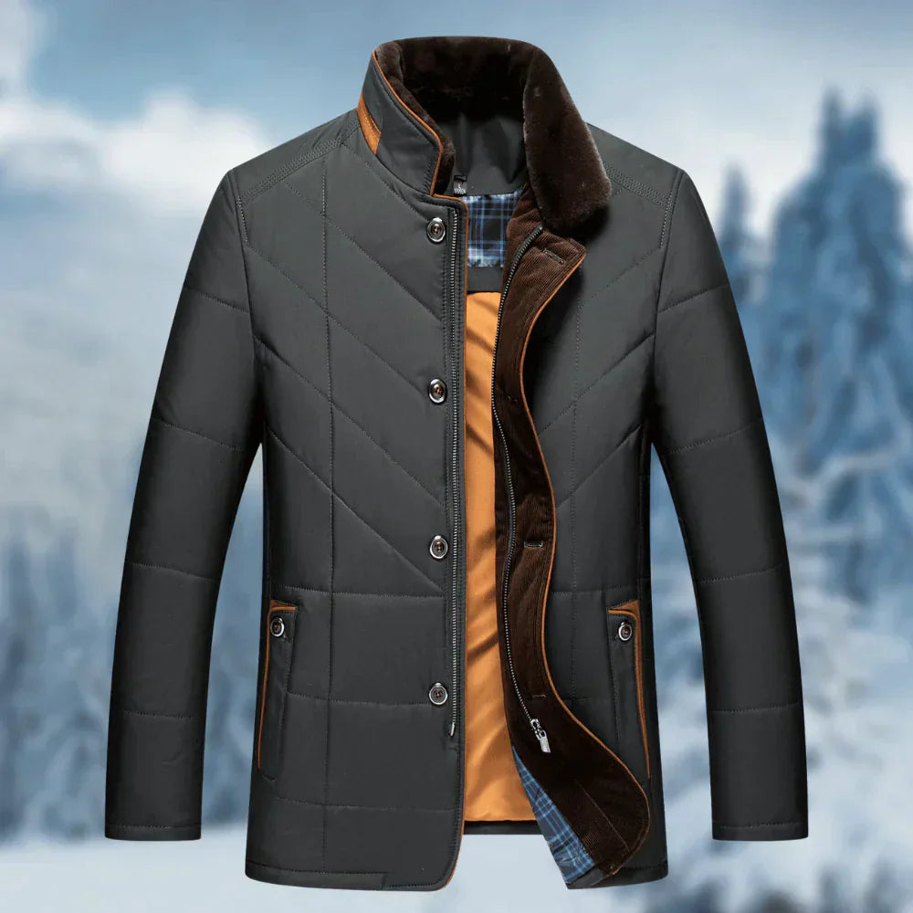 Dunkelgraue Herren-Winterjacke mit Stehkragen, gesteppt, warm gefüttert, modisch.