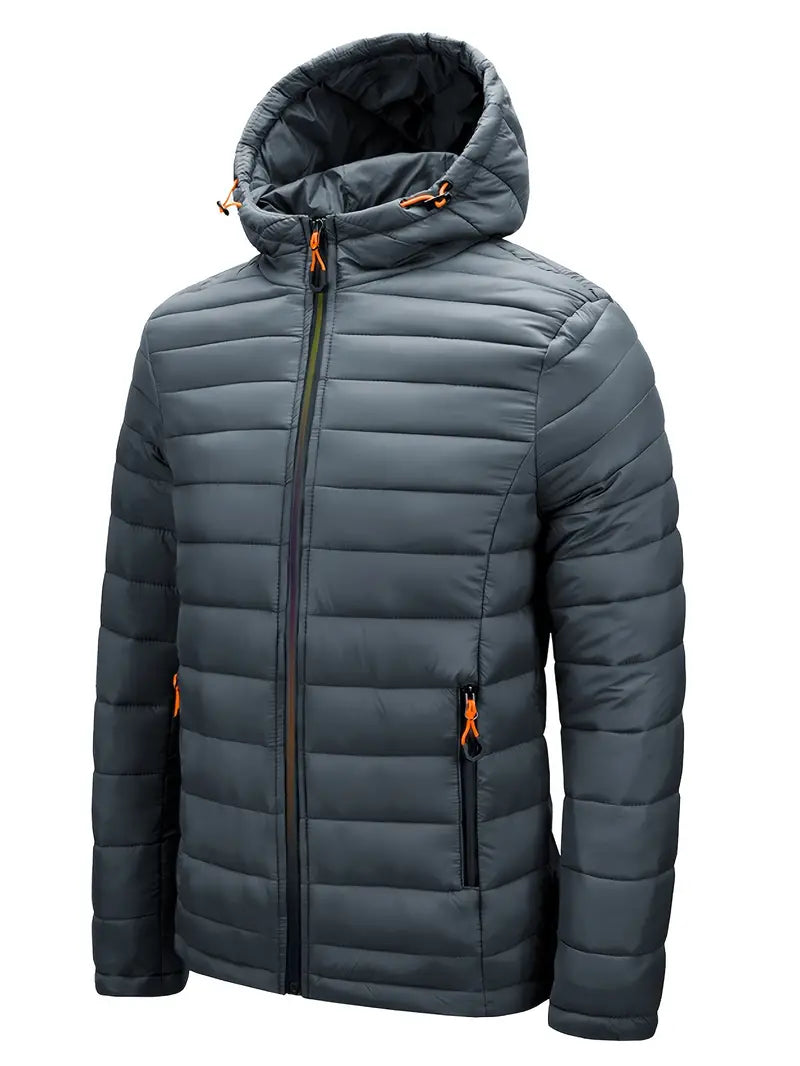 Dunkelgraue Steppjacke mit Kapuze, Reißverschluss, orange Details, Herrenmode, Winterjacke.