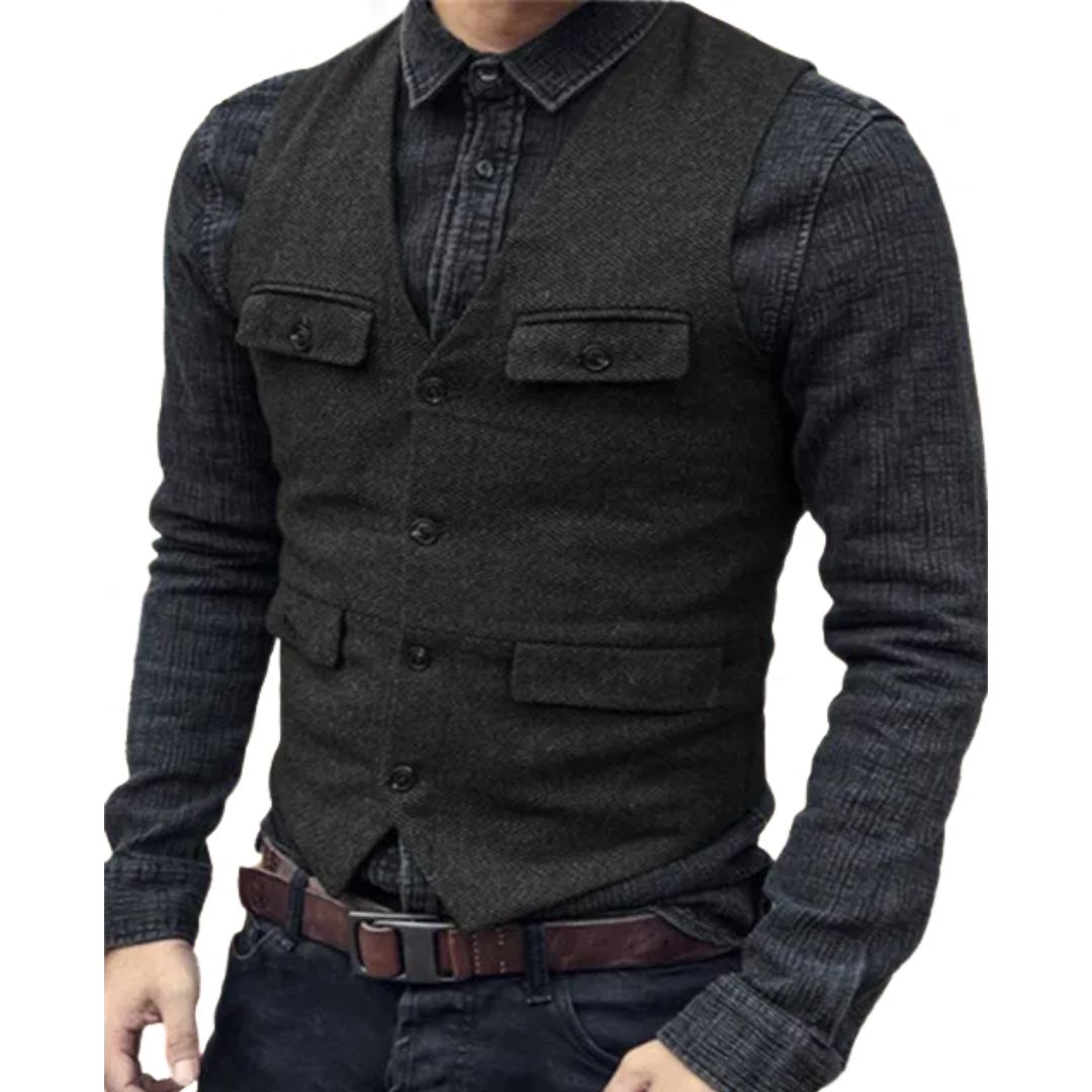 Männer Weste, dunkelgrau, Knopfleiste, Taschen, eleganter Look, Freizeitmode, Baumwolle.
