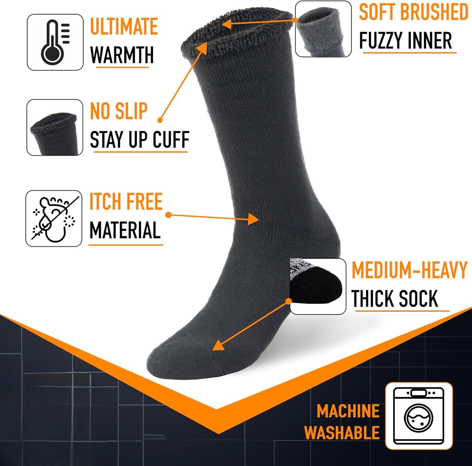 Schwarze Thermosocken, weich gebürstet, rutschfester Bund, maschinenwaschbar, mitteldick.