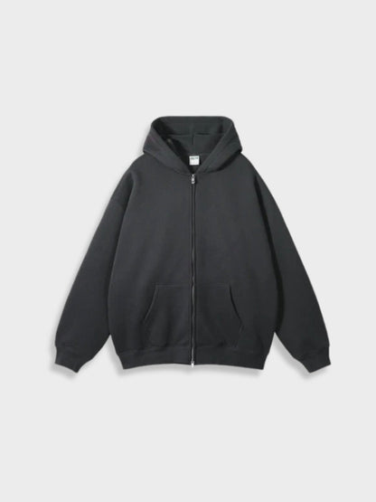 Dunkelgrauer Kapuzenpullover mit Reißverschluss, Unisex, Baumwolle, lässiger Stil, Vorderansicht.