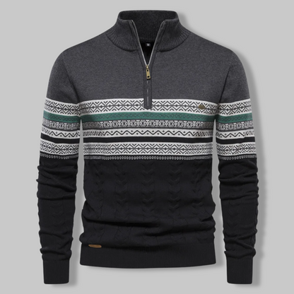 Dunkelgrauer Herrenpullover mit Reißverschluss, Norwegermuster, Wintermode, Baumwolle.