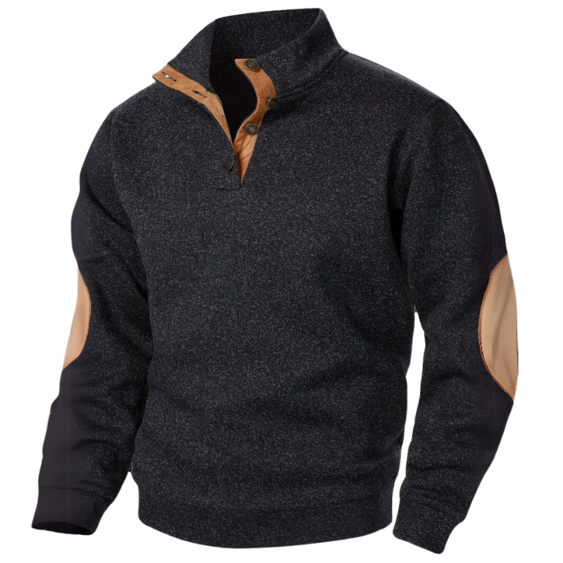Dunkelgrauer Herrenpullover mit braunen Ellbogen-Patches, Stehkragen, Knopfleiste.