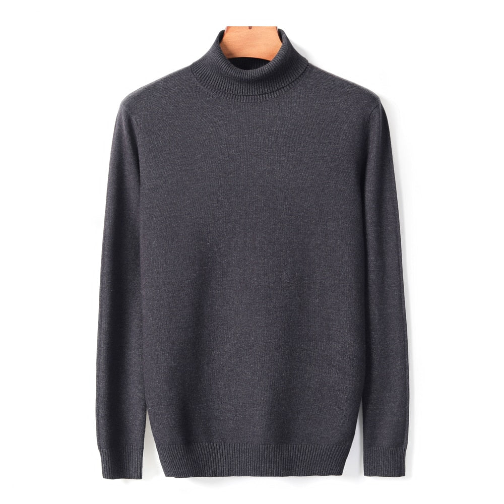 Dunkelgrauer Rollkragenpullover aus Kaschmir, Herrenmode, warm, elegant, Winterkleidung.