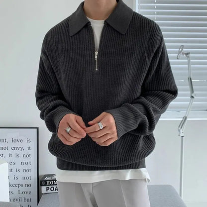 Dunkelgrauer Strickpullover mit Reißverschluss, Herrenmode, lässiger Stil, Baumwolle.