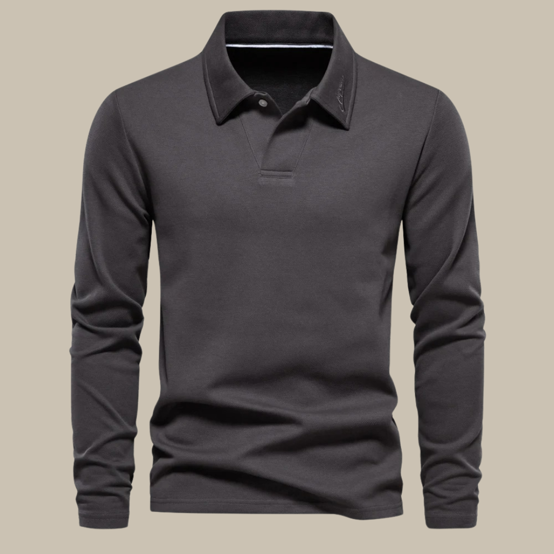 Dunkelgraues Herren-Poloshirt, langärmelig, Baumwolle, klassischer Kragen, Freizeitmode.