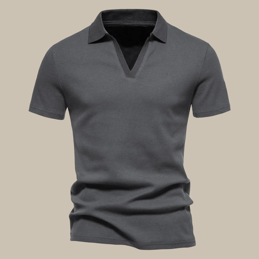 Dunkelgraues Herren-Poloshirt aus Baumwolle, kurzärmelig, klassischer Kragen.