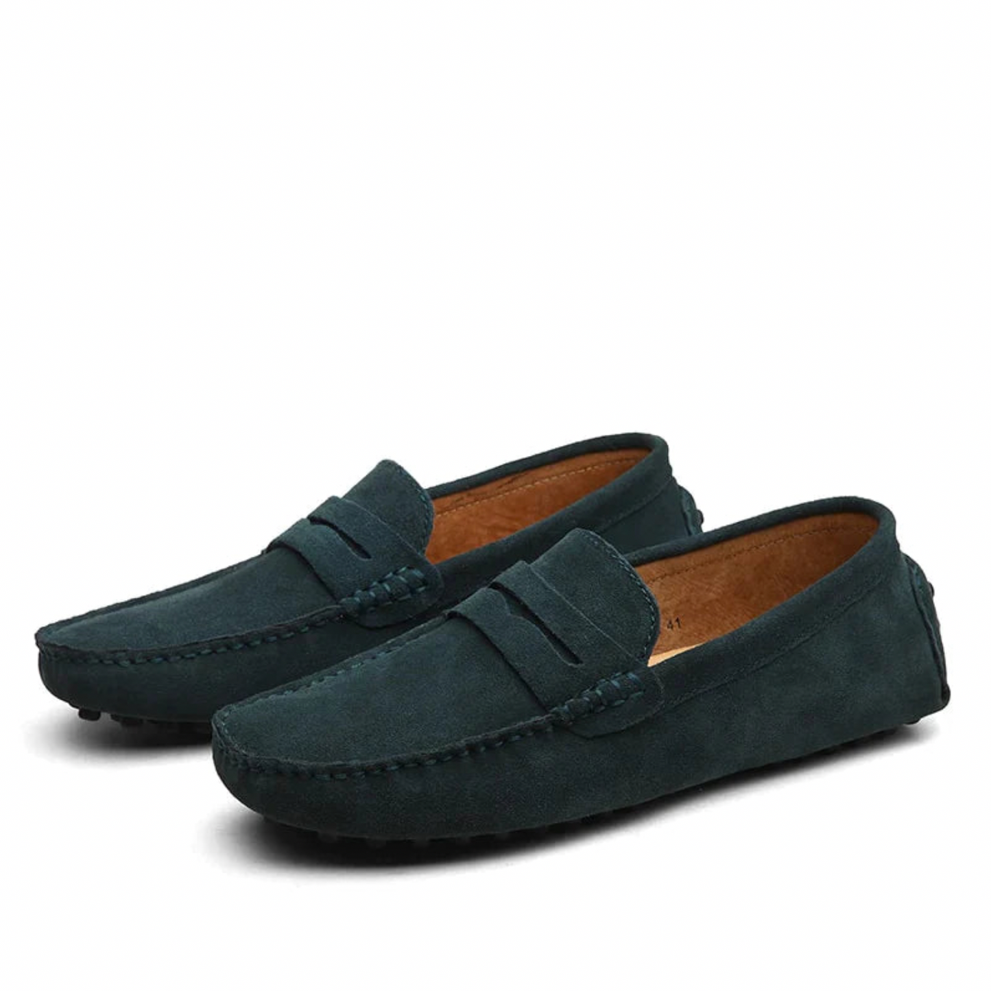 Dunkelgrüne Wildleder-Mokassins für Herren, rutschfeste Sohle, elegantes Design.