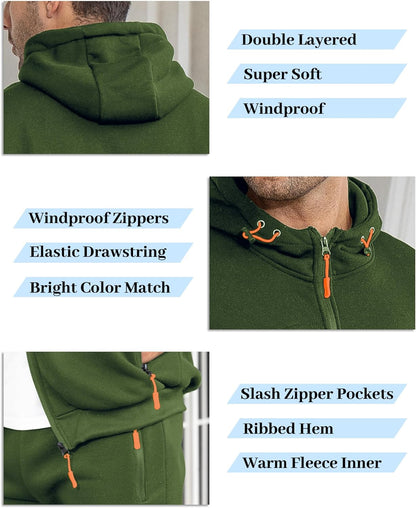Grüne Kapuzenjacke, winddicht, doppellagig, Reißverschlusstaschen, elastischer Kordelzug.