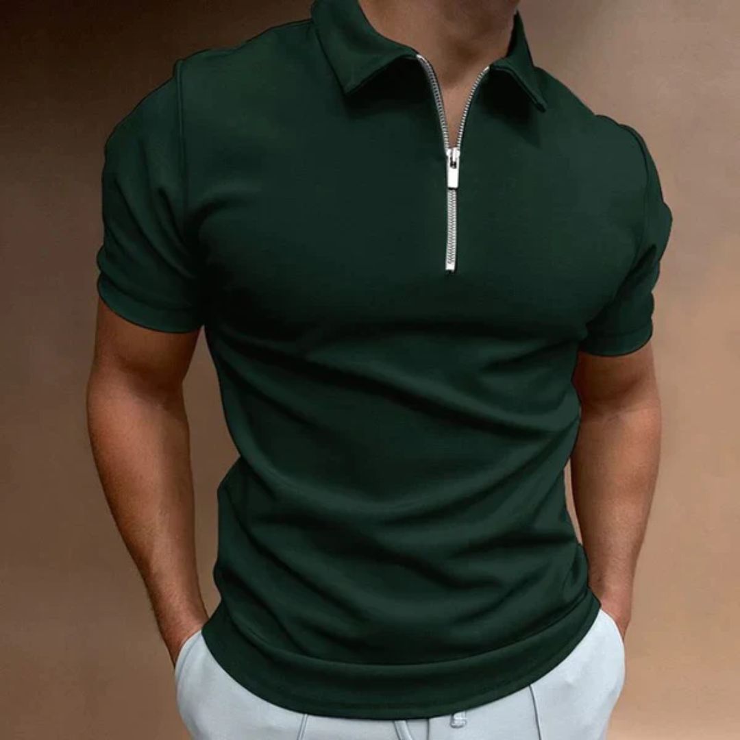 Dunkelgrünes Herren-Poloshirt mit Reißverschluss, kurzärmelig, modisch, bequem.