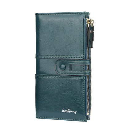Dunkelgrüne Leder-Geldbörse mit Reißverschluss, elegantes Design, Damen-Portemonnaie.
