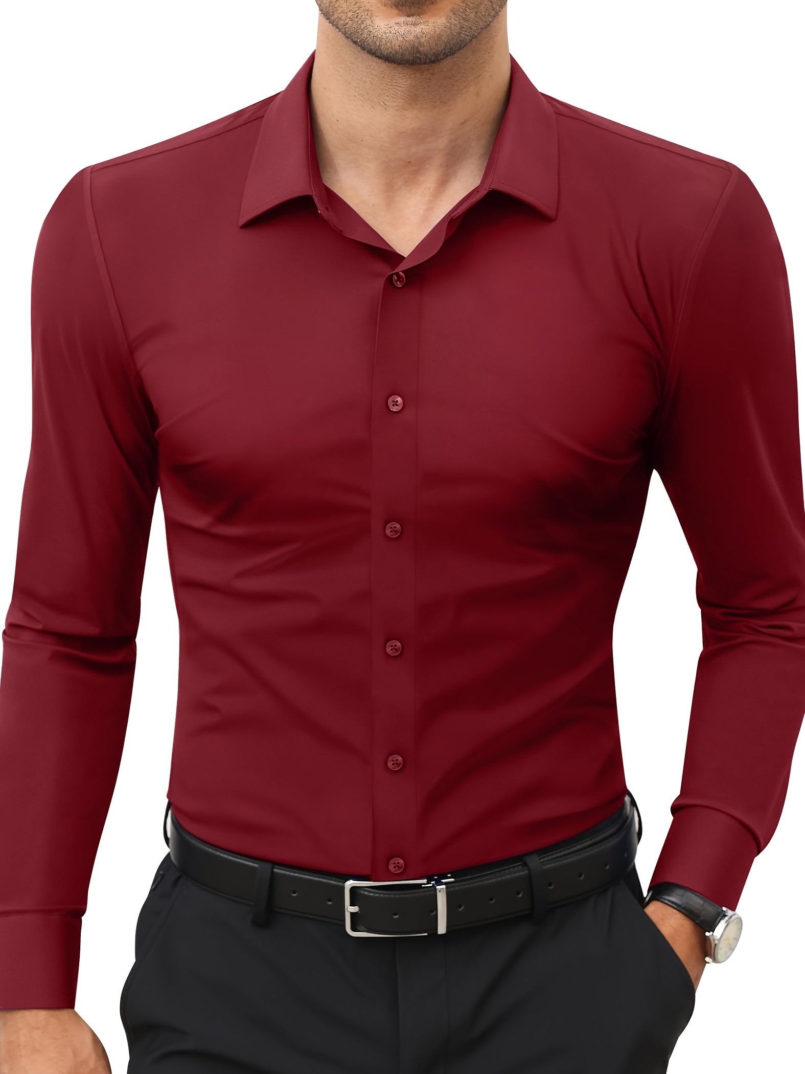 Rotes Herrenhemd, langärmelig, Knopfleiste, elegantes Design, ideal für Business und Freizeit.