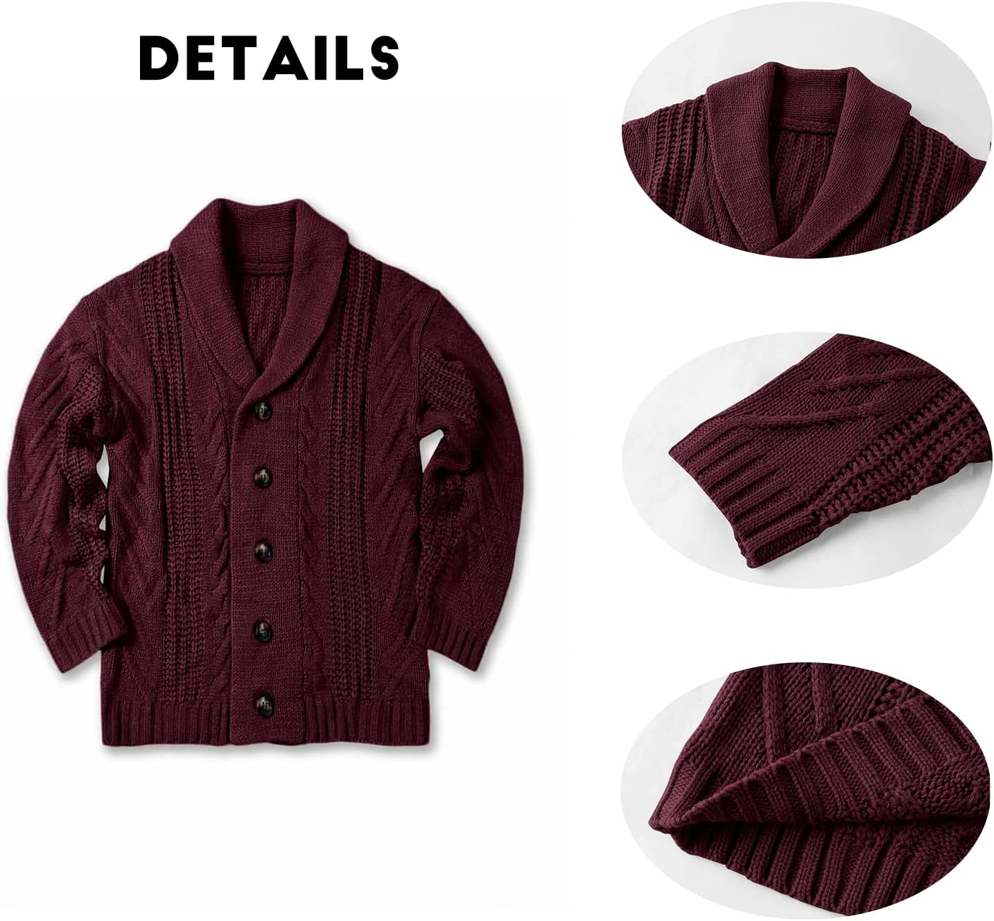 Bordeauxfarbener Strickcardigan mit Schalkragen, Knöpfen und Zopfmuster-Details für Herren.