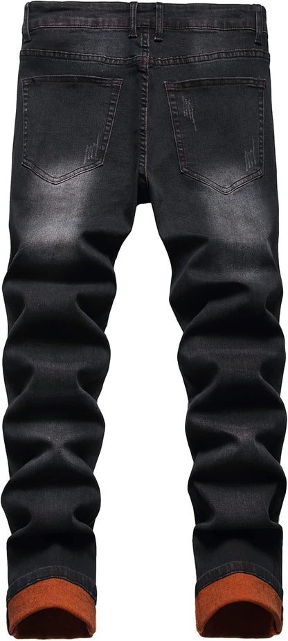 Schwarze Herren-Jeans, Slim Fit, Denim, modisch, mit umgeschlagenem Saum.
