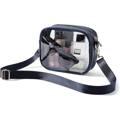 Dunkelblaue transparente Kosmetiktasche mit Schultergurt, ideal für Reisen und Make-up-Aufbewahrung.