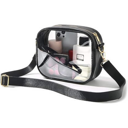 Schwarze transparente Umhängetasche aus PVC, ideal für Reisen und Veranstaltungen.