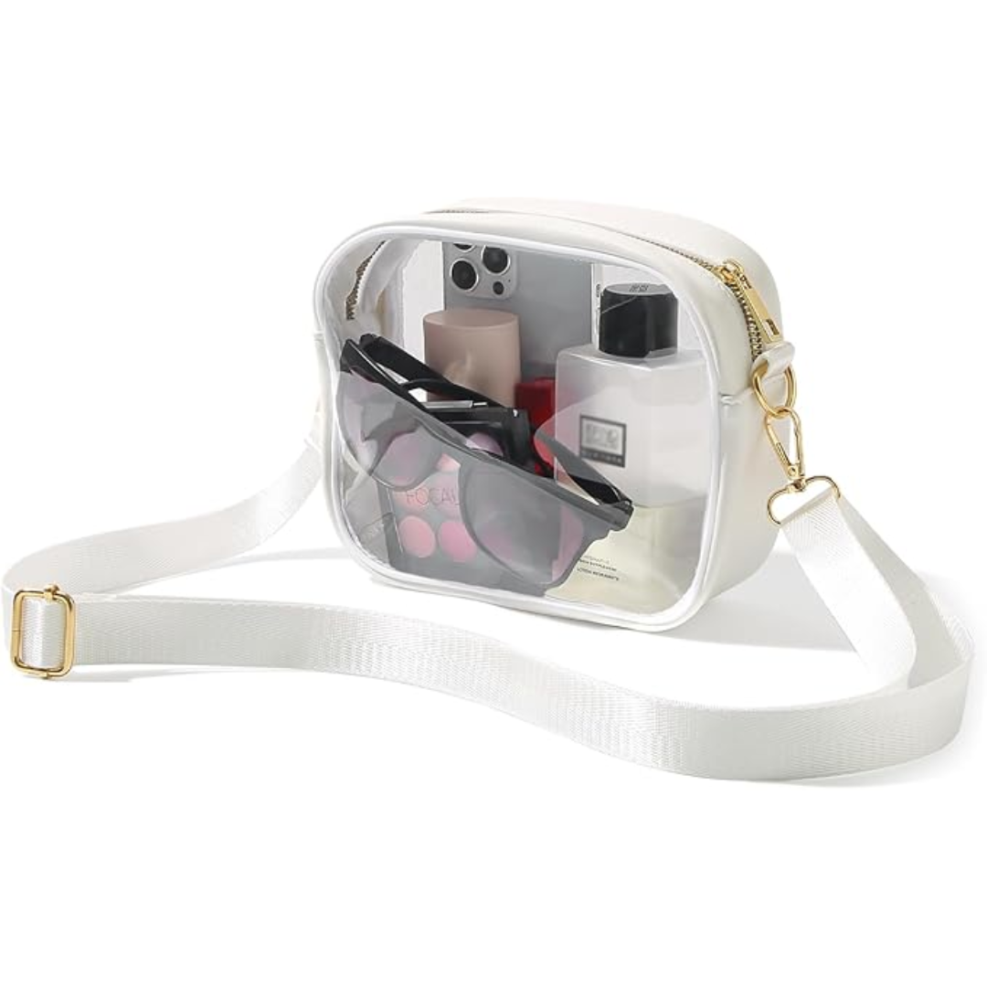Transparente Umhängetasche aus Kunststoff, weiß, mit Kosmetik und Sonnenbrille, ideal für Reisen.