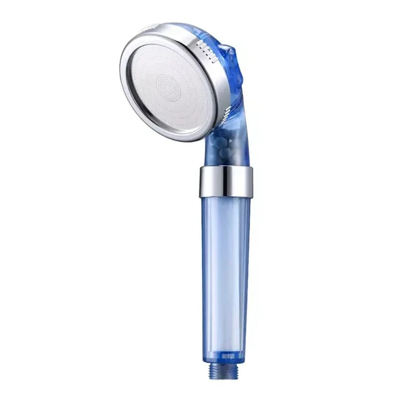 Blauer Duschkopf mit Filter, transparent, wassersparend, abnehmbar, für Badezimmer.
