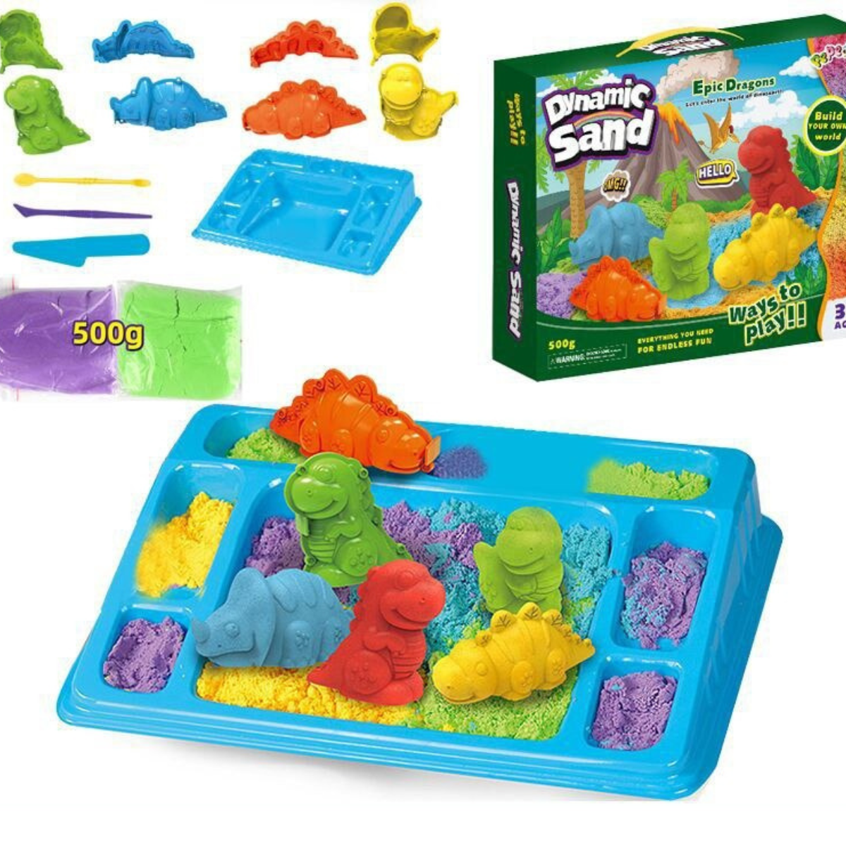 Bunte Kinetische Sandspielzeug-Set mit Formen, Tablett und Werkzeugen für Kinder.